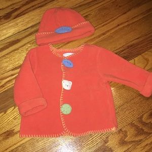 Orange fleece snap front jacket and matching hat